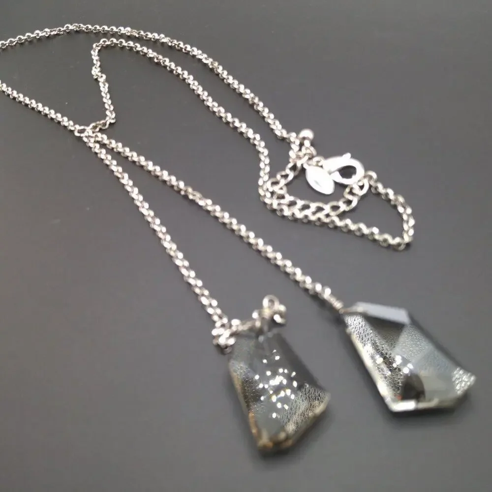 Chico’s Silver Tone Y Necklace Smoky Crystal Pendant Modern Statement